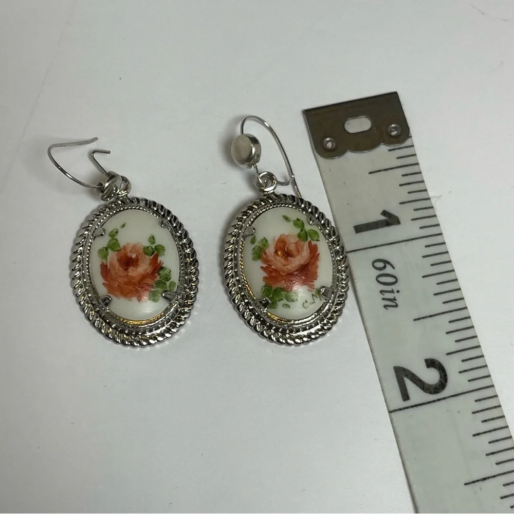 Cottagecore Rose Cameo-Style Silver Tone Earrings